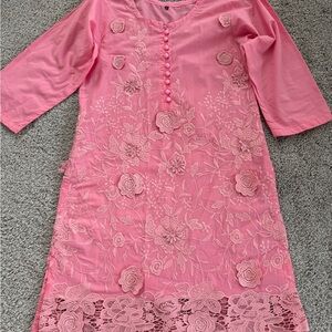 Pink Floral Embroidered appliqué Kurta Kurti Indian dress cotton one piece